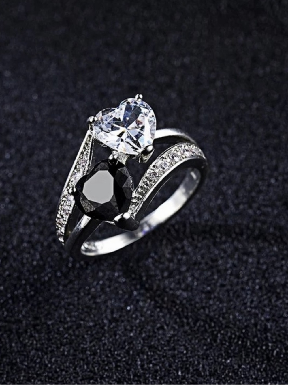 Silver Ring Two Crystal Hearts White and Black NWT